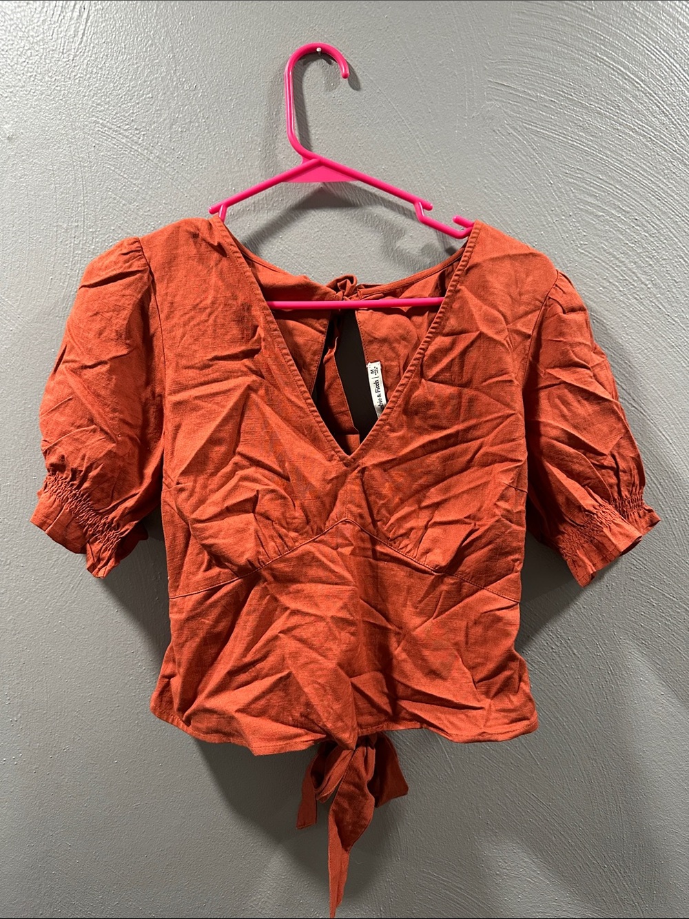 Abercrombie & Fitch Rust Tie-Front V-Neck Puff Sleeve Top